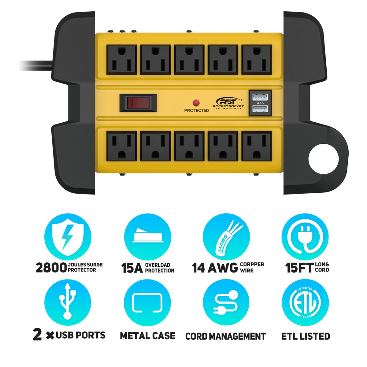 CRST 10-Outlet Metal Power Strip Surge Protector, 2800 Joules, 15ft with Cord Management