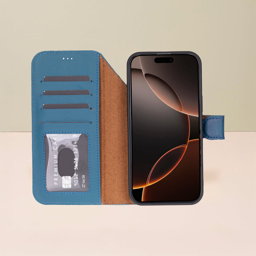 Leather iPhone 17 Pro Wallet Case – Blue - Austin