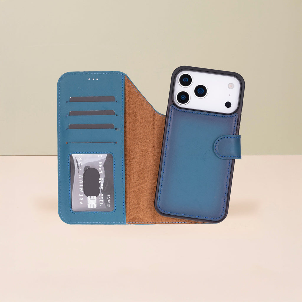Leather iPhone 17 Pro Wallet Case – Blue - Austin