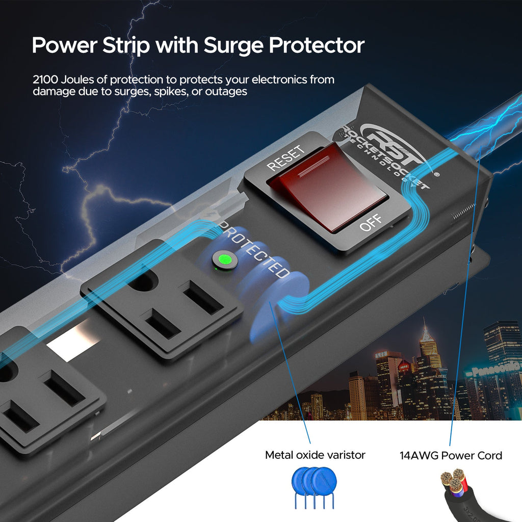 CRST 6-Outlet Slim Mountable Metal Power Strip | Dual-Pole Switch, 2100J Surge Protector, Wide-Spaced Outlets, 10ft