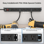 CRST 8 Outlets Mountable Metal Power Strip Surge Protector, 6FT Flat Plug, 2100 Joules, Wide Spaced