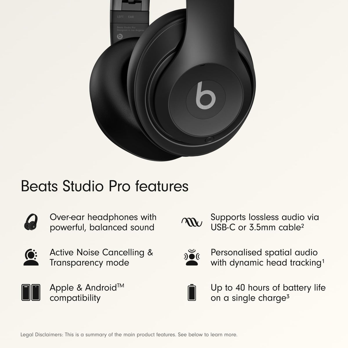 Beats Studio Pro Premium Wireless Over-Ear Headphones- Up to 40-Hour Battery Life, Active Noise Cancelling, Great for Travel & Commuting, USB-C Lossless Audio, Apple & Android Compatible -Black (Refurbished)
