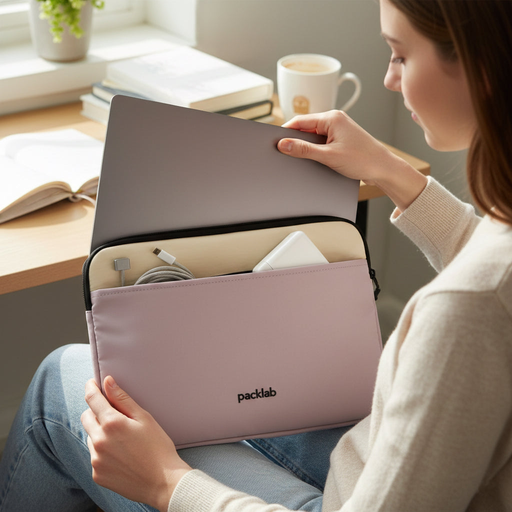 packlab Cream and Pink Laptop Sleeve with Front Pocket – Slim Padded 14 Inch Laptop Case – Minimal Computer Sleeve for Work, Travel, School & Everyday Carry