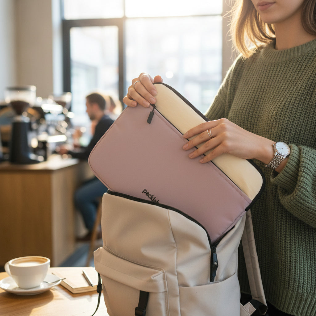 packlab Cream and Pink Laptop Sleeve with Front Pocket – Slim Padded 14 Inch Laptop Case – Minimal Computer Sleeve for Work, Travel, School & Everyday Carry