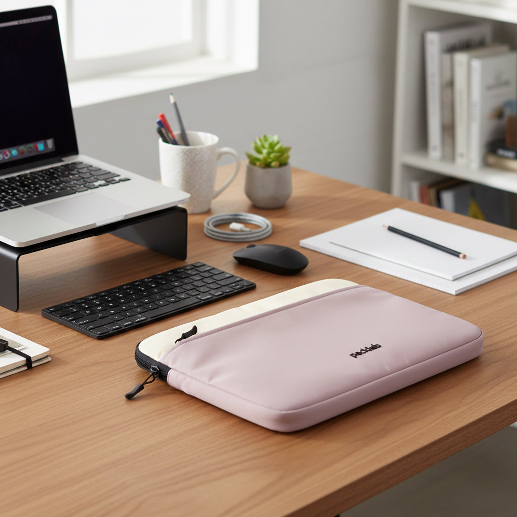 packlab Cream and Pink Laptop Sleeve with Front Pocket – Slim Padded 14 Inch Laptop Case – Minimal Computer Sleeve for Work, Travel, School & Everyday Carry