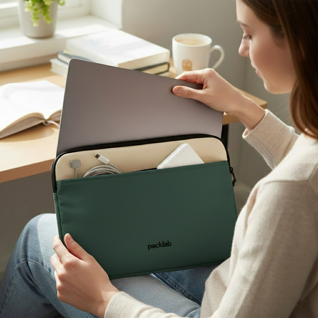 packlab Cream and Green Laptop Sleeve with Front Pocket – Slim Padded 14 Inch Laptop Case – Minimal Computer Sleeve for Work, Travel & Everyday Carry