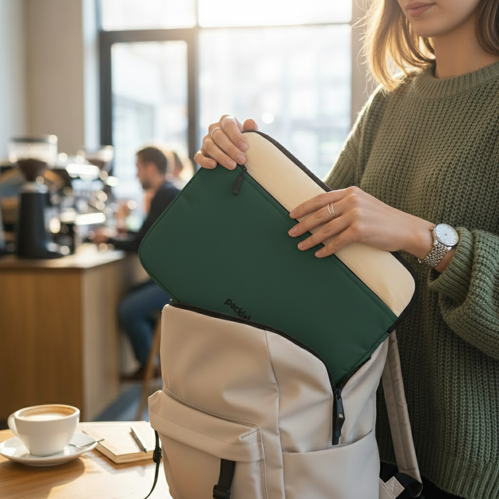 packlab Cream and Green Laptop Sleeve with Front Pocket – Slim Padded 14 Inch Laptop Case – Minimal Computer Sleeve for Work, Travel & Everyday Carry