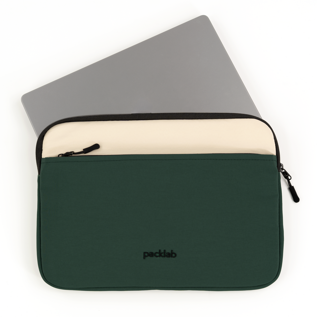 packlab Cream and Green Laptop Sleeve with Front Pocket – Slim Padded 14 Inch Laptop Case – Minimal Computer Sleeve for Work, Travel & Everyday Carry
