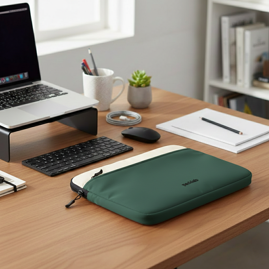 packlab Cream and Green Laptop Sleeve with Front Pocket – Slim Padded 14 Inch Laptop Case – Minimal Computer Sleeve for Work, Travel & Everyday Carry
