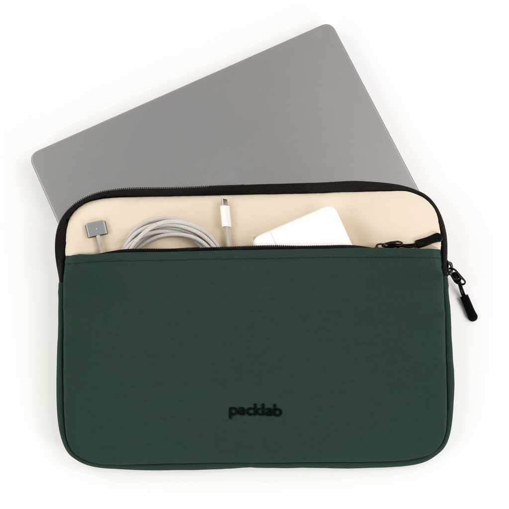 packlab Cream and Green Laptop Sleeve with Front Pocket – Slim Padded 14 Inch Laptop Case – Minimal Computer Sleeve for Work, Travel & Everyday Carry