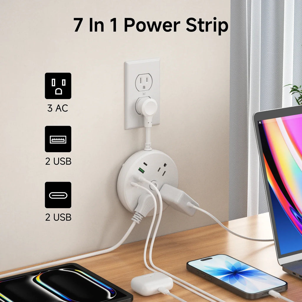 3AC power strip, 2 USB ports, 2 USB-C fast charging port. The power strip surge protector provides overload protection for homes