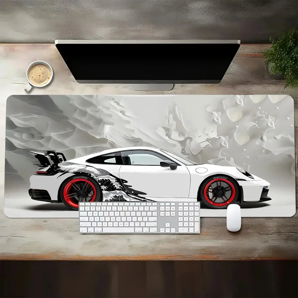 Large White Sports Car Design Gaming Mouse Pad Anti-Slip Rubber Base Extended Desk Mat for Gamer Office Use Computer Accessories