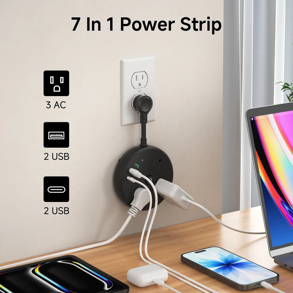 3AC power strip, 2 USB ports, 2 USB-C fast charging port. The power strip surge protector provides overload protection for homes