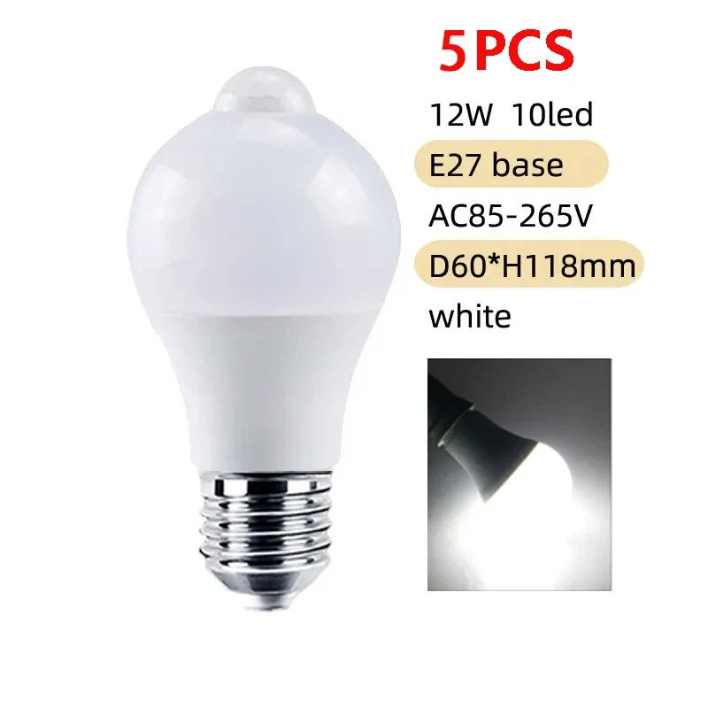PIR Motion Sensor LED Light Bulb 12W E27 Smart Bulb Motion Activated ON/OFF Home Lights Lamp for Home Stair