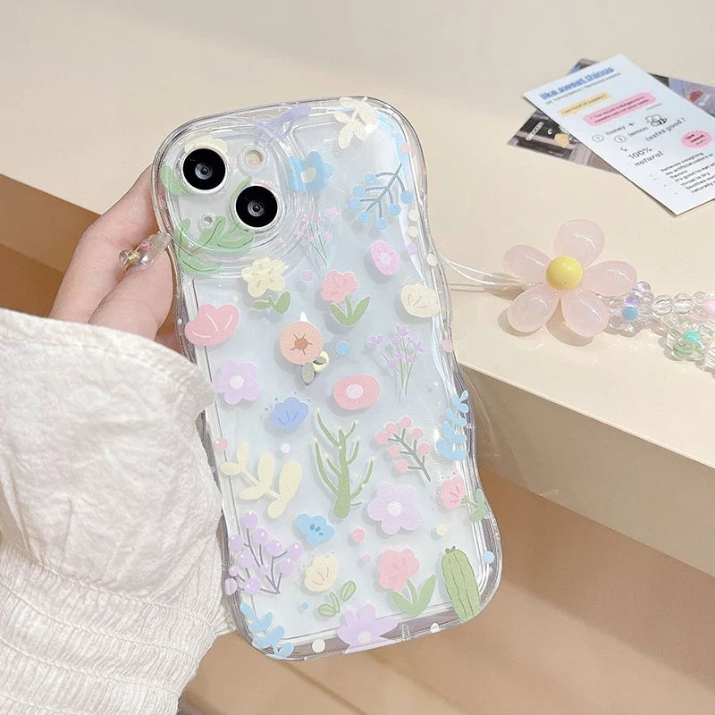 Kawaii Wave Flower Phone Case For Iphone 16 Pro max 15 14 13 12 11 Cover Cute Floral Bracelet Mobile Phone Protector Shell