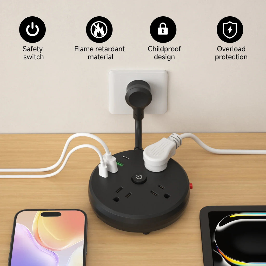 3AC power strip, 2 USB ports, 2 USB-C fast charging port. The power strip surge protector provides overload protection for homes
