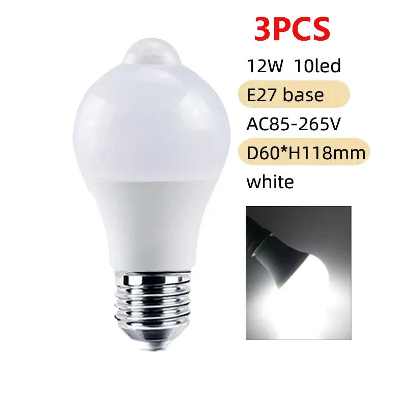 PIR Motion Sensor LED Light Bulb 12W E27 Smart Bulb Motion Activated ON/OFF Home Lights Lamp for Home Stair