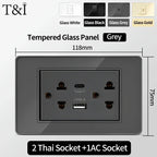 118 Series 118*75mm Tempered Glass US Thai Wall Socket Dual USB Type-C Ports Light Switch Smart Home Appliance 110V Home Office