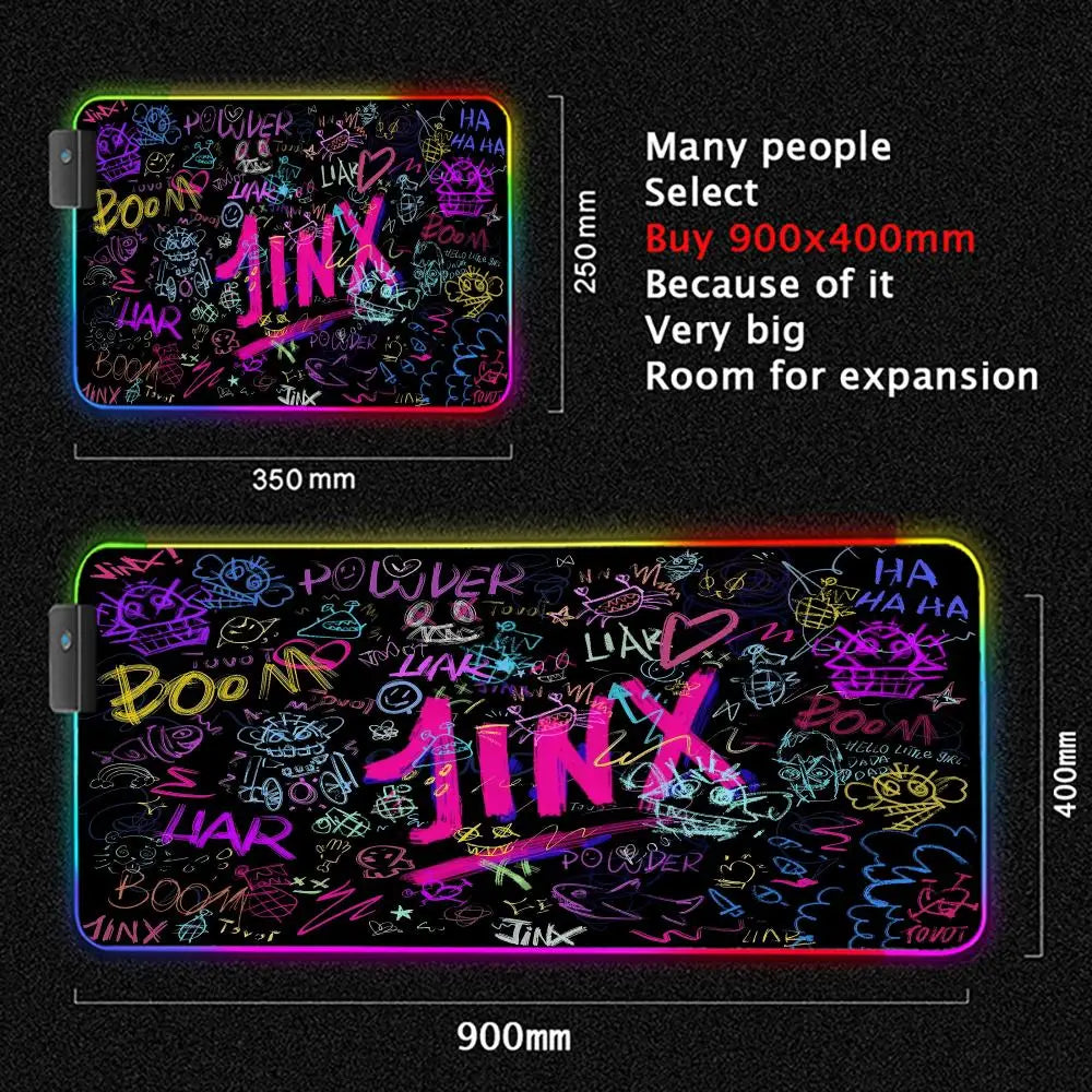 Arcane Jinx LOL Mouse Pad  RGB Keyboard Cover Colorful MousePad LED Light E-sports Mousepad Computer Gamer Glow Long Desk Mat