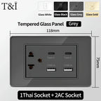 118 Series 118*75mm Tempered Glass US Thai Wall Socket Dual USB Type-C Ports Light Switch Smart Home Appliance 110V Home Office