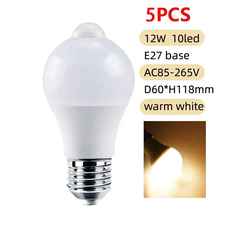 PIR Motion Sensor LED Light Bulb 12W E27 Smart Bulb Motion Activated ON/OFF Home Lights Lamp for Home Stair