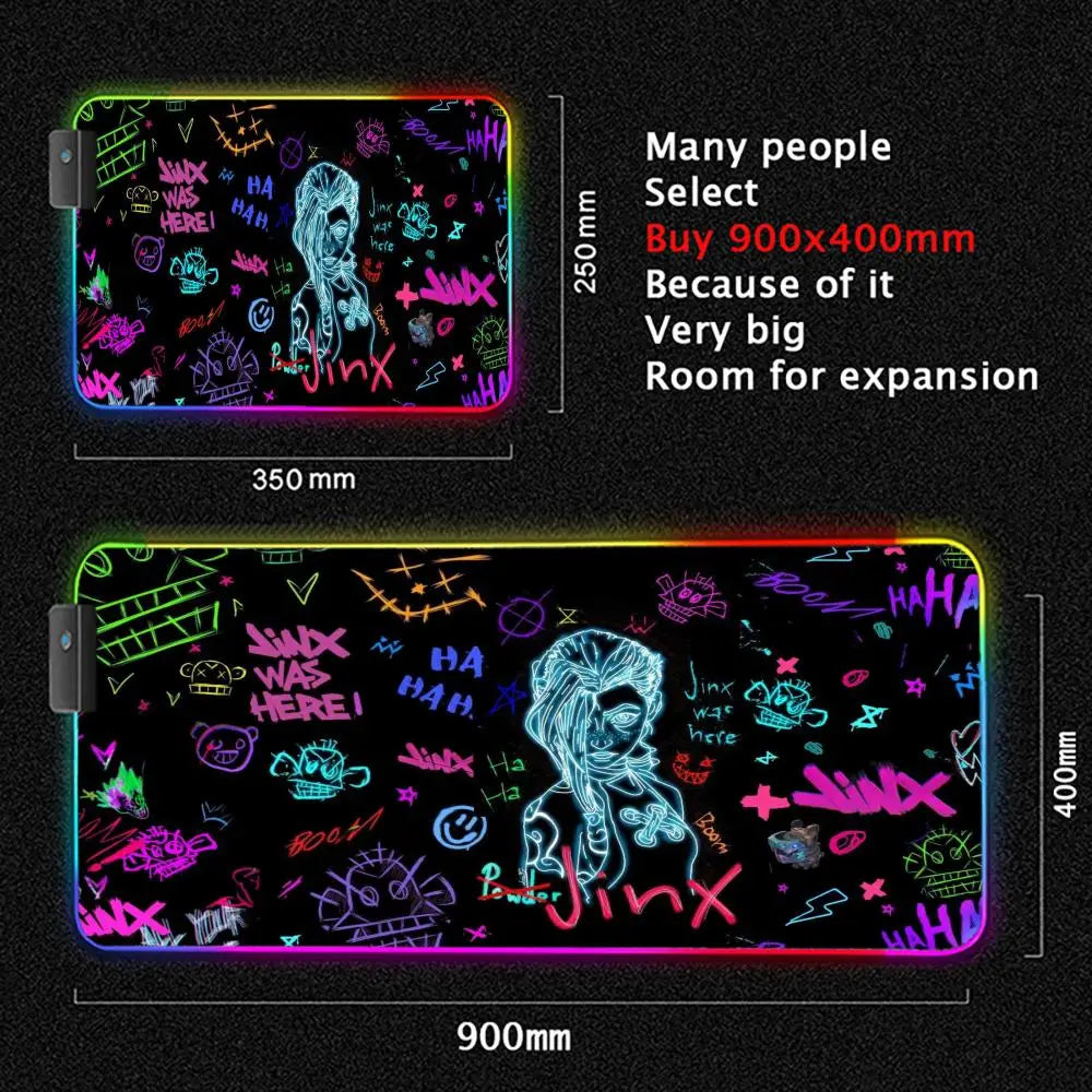 Arcane Jinx LOL Mouse Pad  RGB Keyboard Cover Colorful MousePad LED Light E-sports Mousepad Computer Gamer Glow Long Desk Mat