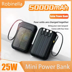 Solar Power Bank Built in Cables Portable Charger External Spare Battery Mini Powerbank with LED Light for IPhone Xiaomi Huawei