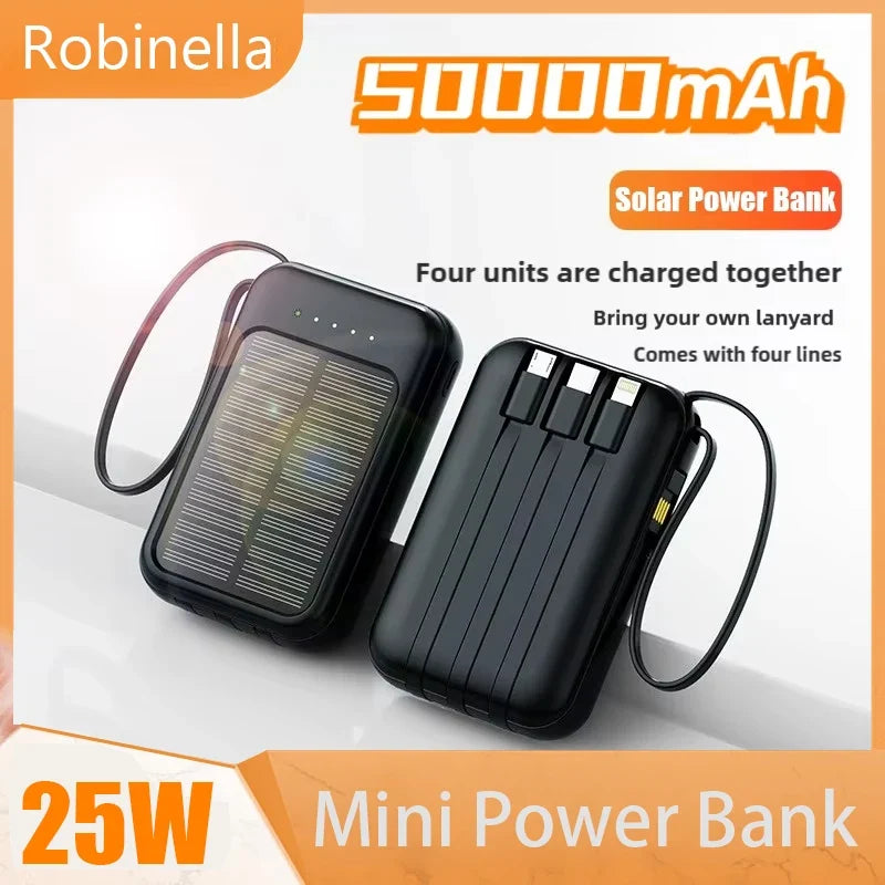 Solar Power Bank Built in Cables Portable Charger External Spare Battery Mini Powerbank with LED Light for IPhone Xiaomi Huawei