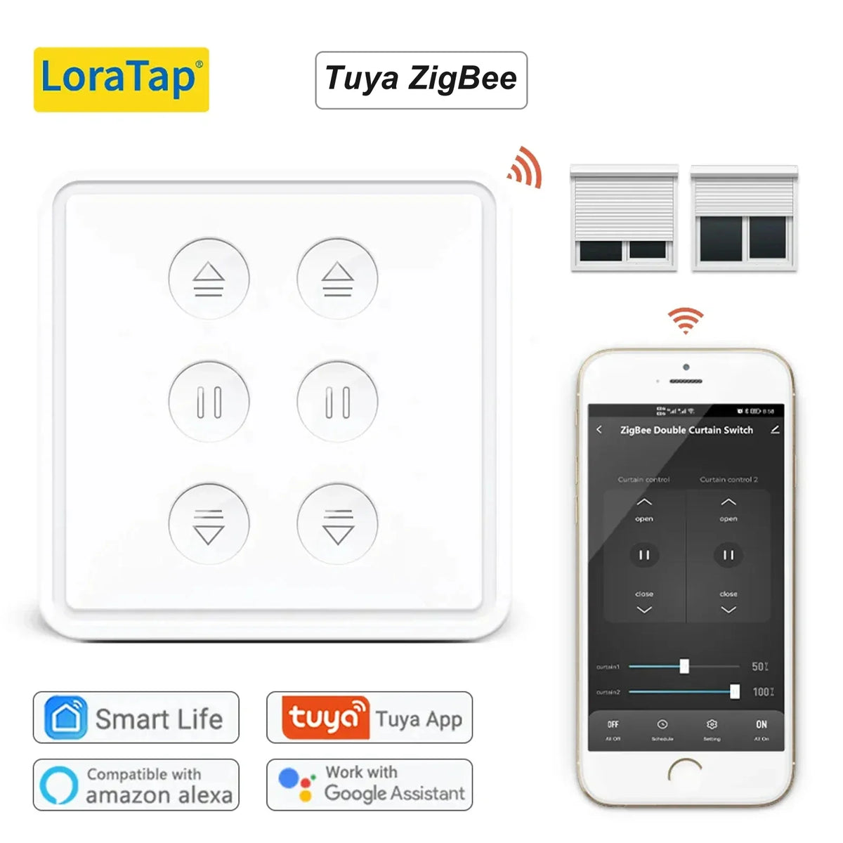 LoraTap Tuya ZigBee 3.0 EU Double Curtain Switch for Tubular Motor Google Home Alexa Voice Control Work with Zigbee2MQTT DIY