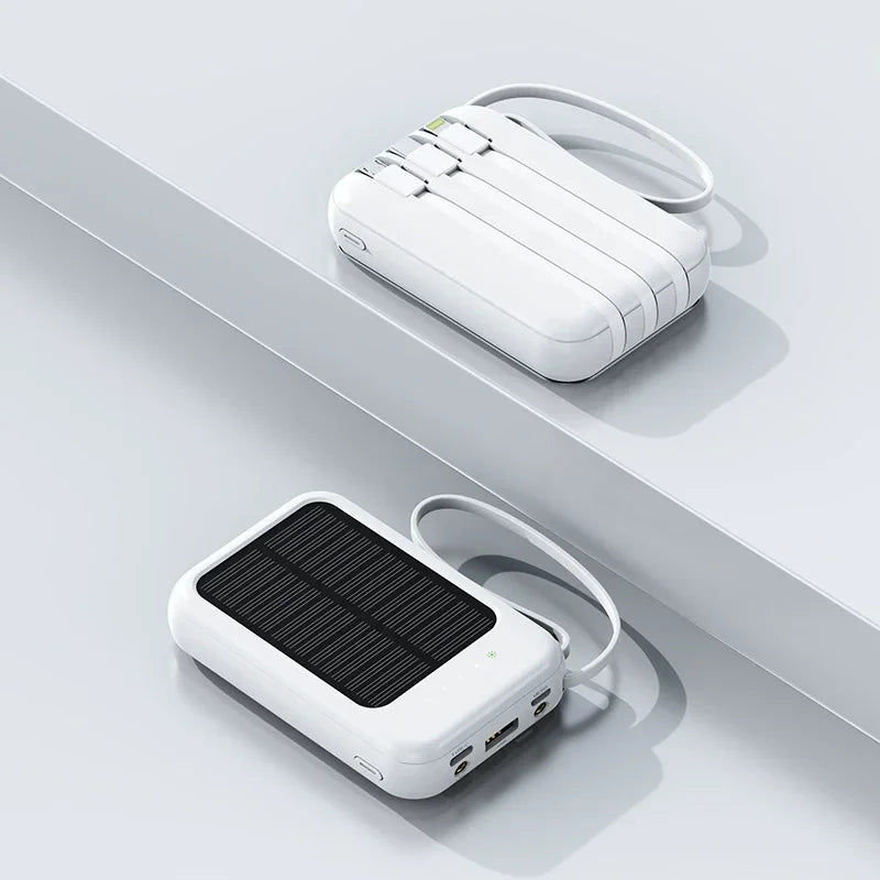 Solar Power Bank Built in Cables Portable Charger External Spare Battery Mini Powerbank with LED Light for IPhone Xiaomi Huawei