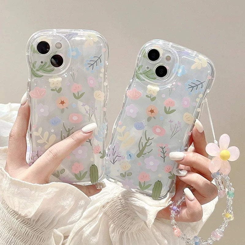 Kawaii Wave Flower Phone Case For Iphone 16 Pro max 15 14 13 12 11 Cover Cute Floral Bracelet Mobile Phone Protector Shell