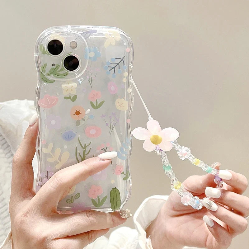 Kawaii Wave Flower Phone Case For Iphone 16 Pro max 15 14 13 12 11 Cover Cute Floral Bracelet Mobile Phone Protector Shell
