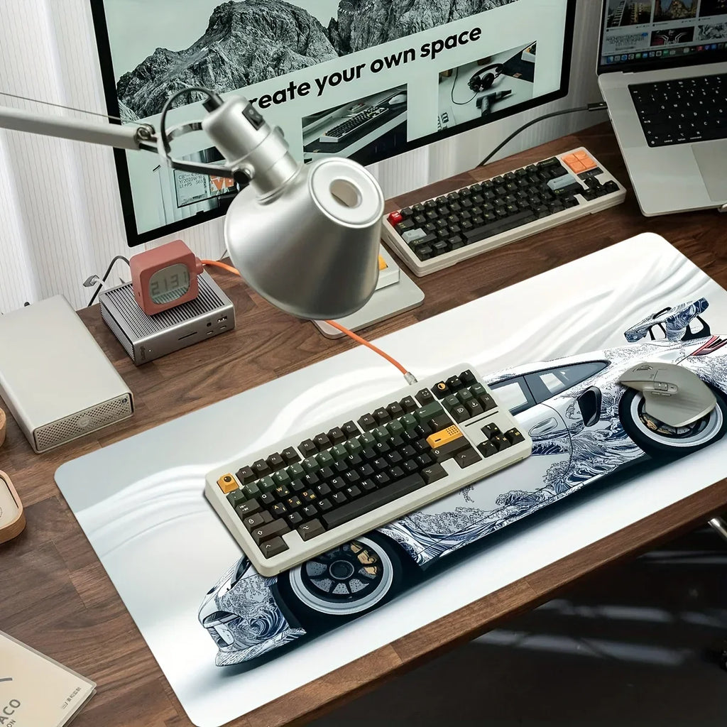 Large White Sports Car Design Gaming Mouse Pad Anti-Slip Rubber Base Extended Desk Mat for Gamer Office Use Computer Accessories
