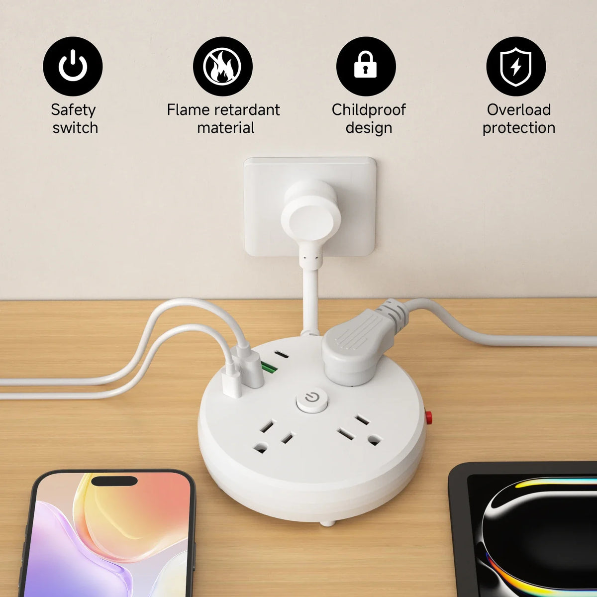 3AC power strip, 2 USB ports, 2 USB-C fast charging port. The power strip surge protector provides overload protection for homes