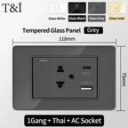 118 Series 118*75mm Tempered Glass US Thai Wall Socket Dual USB Type-C Ports Light Switch Smart Home Appliance 110V Home Office