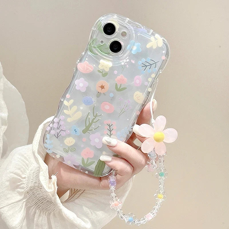 Kawaii Wave Flower Phone Case For Iphone 16 Pro max 15 14 13 12 11 Cover Cute Floral Bracelet Mobile Phone Protector Shell