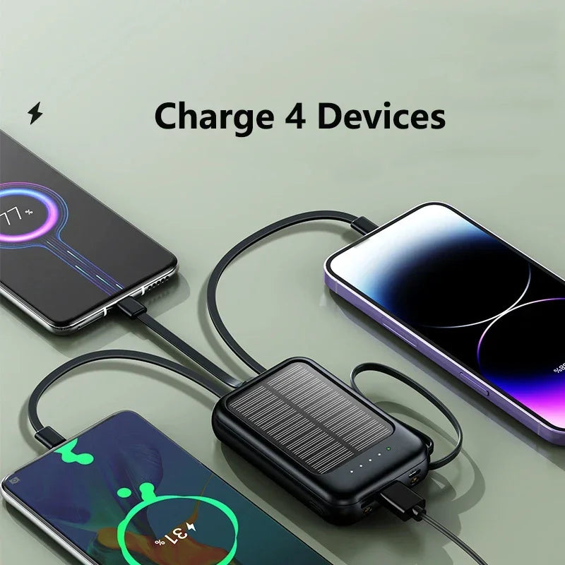 Solar Power Bank Built in Cables Portable Charger External Spare Battery Mini Powerbank with LED Light for IPhone Xiaomi Huawei