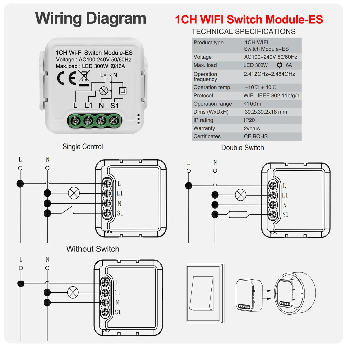 GIRIER Tuya Smart Wifi Switch Module with Energy Metering 2 Way Control Function 16A Works with Alexa Google Home Yandex Alice