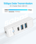 ORICO USB C Hub 3-Port USB 3.1 to USB 3.0 Adapter White 0.5ft Cable