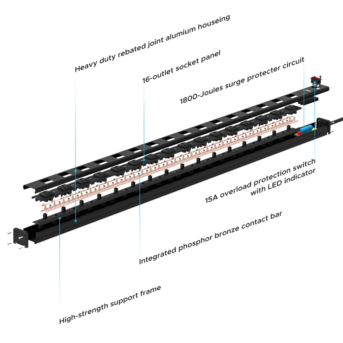 16-Outlet Metal Power Strip Surge Protector, 1800 Joules, 2.6" Ultra-Wide Spaced, 15ft