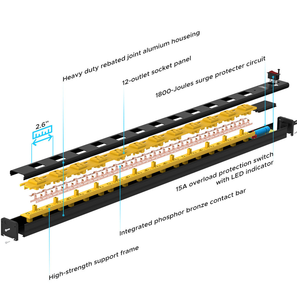 CRST 12-Outlet Metal Power Strip Surge Protector — 1800J, 2.6" Wide Outlets, Mountable